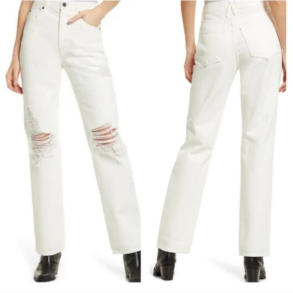 SLVRLAKE White Straight Leg Jeans with Distressed Details